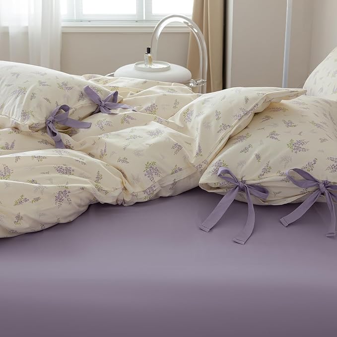 Cotton Duvet Cover King Chic Purple Floral Bedding Set Vintage Botanical Lavender Flower Duvet Cover Garden Style Lilac Floral Comforter Cover with Zipper Closure Girls Cottagecore Bedding Set King