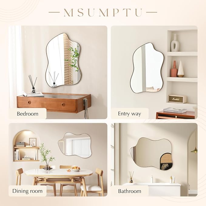 Irregular Wall Mirror Brass Wave Shaped Metal Framed Wall Mirror for Bathroom Bedroom Entryway Living Room Wall Decor 24" L x 18" W 2305G