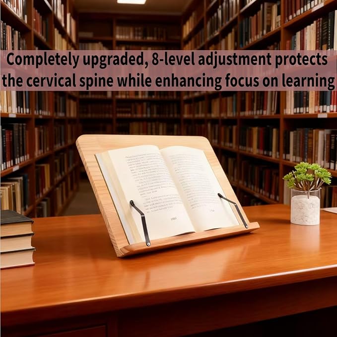 Reading Rack Wooden Bookshelf - Book Stand Foldable with 8 Adjustable Positions and Page Clips,Suitable for cookbooks、iPads、laptops、Sheet Music、and Reading Stands(13.4x9.45inch)