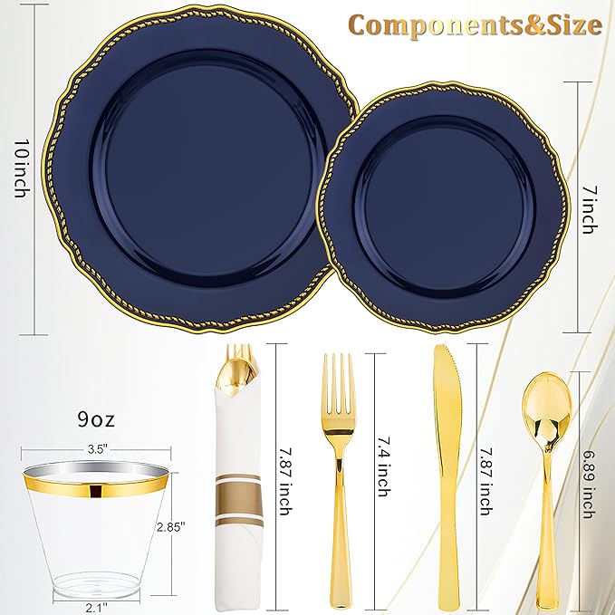 Hioasis 175pcs Blue Gold Plastic Plates - Gold Plastic Dinnerware Set Includes 25 Dinner Plates, 25 Dessert Dinnerware, 25 Cups, 25 Napkins Perfect for Christmas & Party
