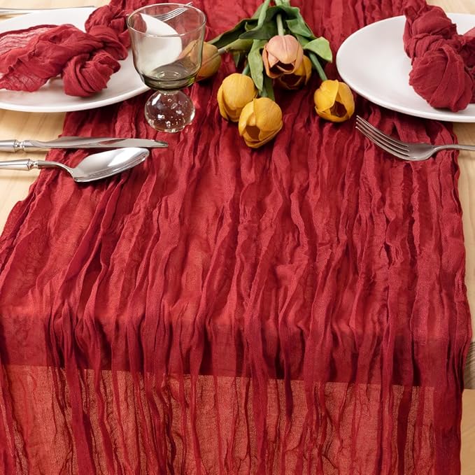 MLMC 3 Pack Red Table Runner Boho Rustic Gauze Cheesecloth Table Runner Cheese Cloth Centerpiece Decor 35x120 Inches for Wedding Winter Reception Christmas Valentine's Day Decor