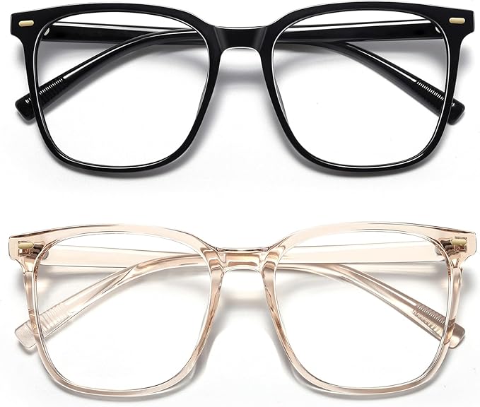 MACJERO 2-Pack Oversized Square Blue Light Blocking Glasses for Women Men, Anti-Fatigue Computer Monitor Gaming Glasses Reduce Eye Strain(Black+transparent Brown)