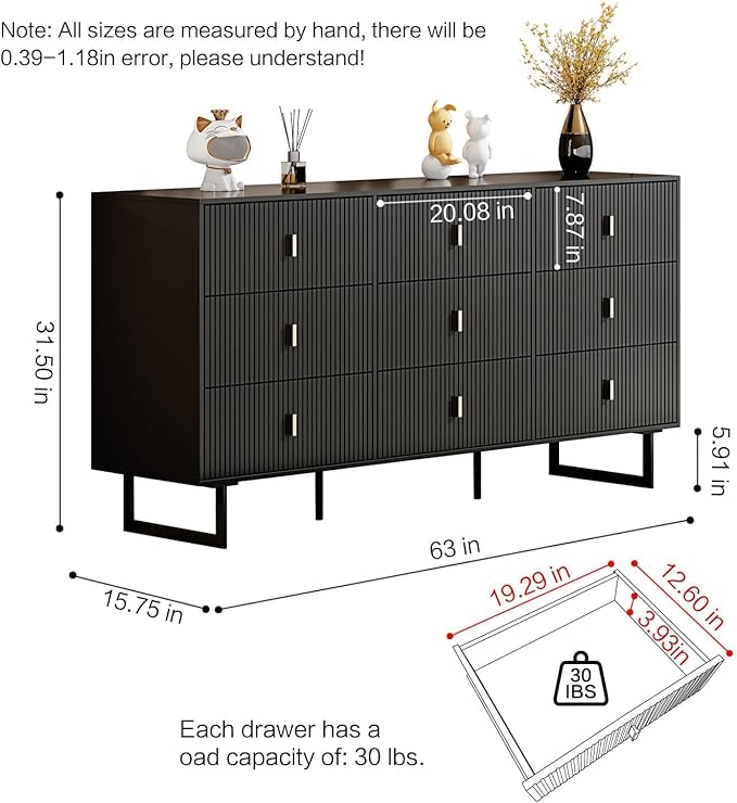 Chrangmay Modern Chest of Drawers with 9 Drawers,Deep Drawers,Clothes Organizer,Large Storage Cabinet for Living Room, Bedroom,Hallway,with Anti-Tipping Device,Dark