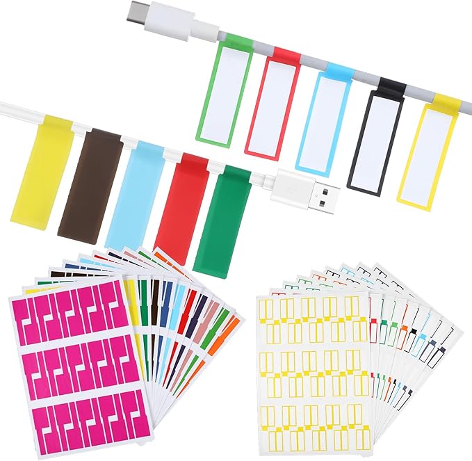 600 Pcs Cord Labels Tags, Color Coded P-Type Cable Labels Tags with Wrap-Around Design, Durable Cable Tag Label for Network Ethernet Audio Wire Organization and Identification