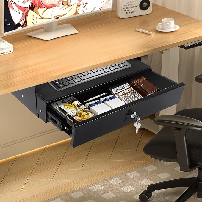 LEYSRIS 19.78" Under Desk Storage Drawer, Locking Design Black Sliding Pull-Out Drawer for Sit Stand Workstation