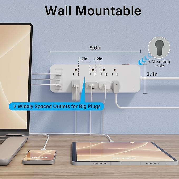 Elecan Surge Protector Power Strip 8 Ft Extension Cord, 8 Widely Spaced Outlets with 2 USB-A&1 USB-C PD 20W Charging Station, Flat Plug Wall Mountable Multi Outlet Extender, 14AWG 2450J/125V,ETL-White