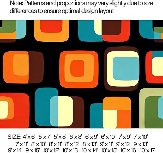 Mid Century Modern Rug, Colorful Abstract Geometric Area Rug, Retro Atomic Starburst Rugs, Washable Non-Slip Soft Low Pile 1950s Carpet for Living Room, Bedroom (10' x 15'(Rectangular))
