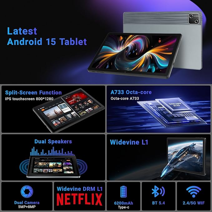 Tablet, 10 inch tablet Android 15 with Octa-core Processor, 30GB+128GB+1TB Expand, 6200mAh, 15W Fast Charge, 1280x800 HD IPS Screen, WiFi 6, BT 5.4, Dual Camera, Widevine L1 support, GMS Certified