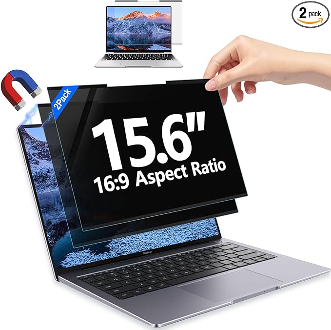 GUDTEKE 2Pack Magnetic 15.6 Inch Laptop Privacy Screen 16:9 Aspect Ratio, Removable Anti-Blue/Glare Protector Film, Anti Spy Desktop Security Private Filter 15.6in