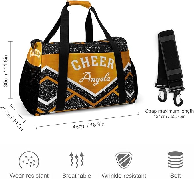 Custom Multifunctional Duffel Bag with Name Gym Bags Adjustable Shoulder Strap Travel Bag for Teens Cheerleadings Orange Black Glitter Print Casual Bag