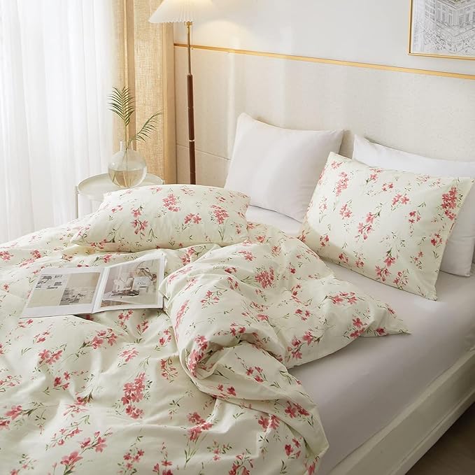 Boho Floral Duvet Cover Full Soft Cotton Girls Pink Floral Bedding Set Chic Garden Style Cute Flower Pattern Duvet Cover Vintage Floral Botanical Comforter Cover 1 Full Duvet Cover with 2 Pillowcases