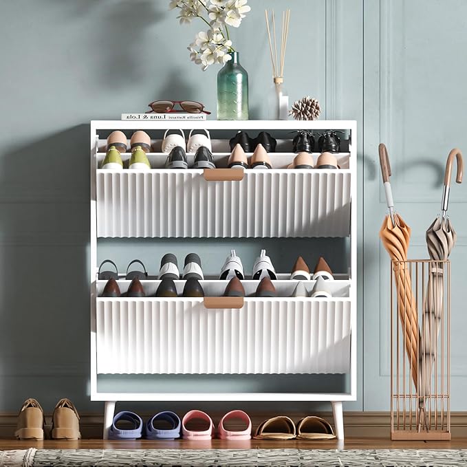 Shoe Cabinet Storage,Modern Freestanding Organizer with 2 Flip Drawers,Narrow Shoe Rack Cabinet for Entryway,White