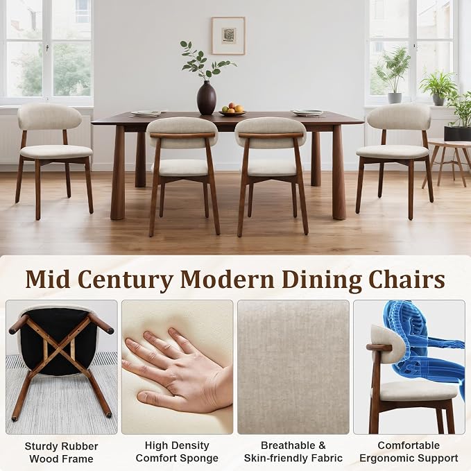 Farmhouse Dining Chairs Set of 6, Mid Century Modern Fabric Upholstered Kitchen Chairs, Wooden Dining Room Chair with Curved Back for Kitchen Dining Room Restaurant Cafe, Warm Gray (Only Chairs)