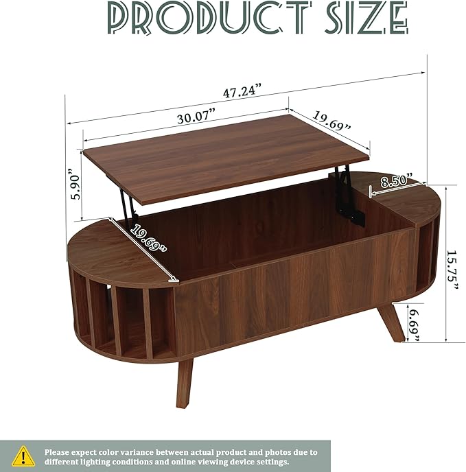 Janmer Home Small Lift Top Coffee Table with Storage, 47.3" Mid Century Modern Curved Coffee Table, Oval Center Table with Lift Tabletop for Living Room, Office (Walnut)