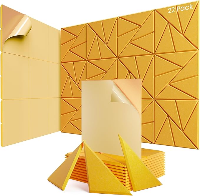 22 Pack Acoustic Panels with Self-Adhesive, 12"X 12"X 0.4"Sound Proof Foam Panels, Sound Panels High Density, Soundproof Wall Panels for Home Studio Office Gold
