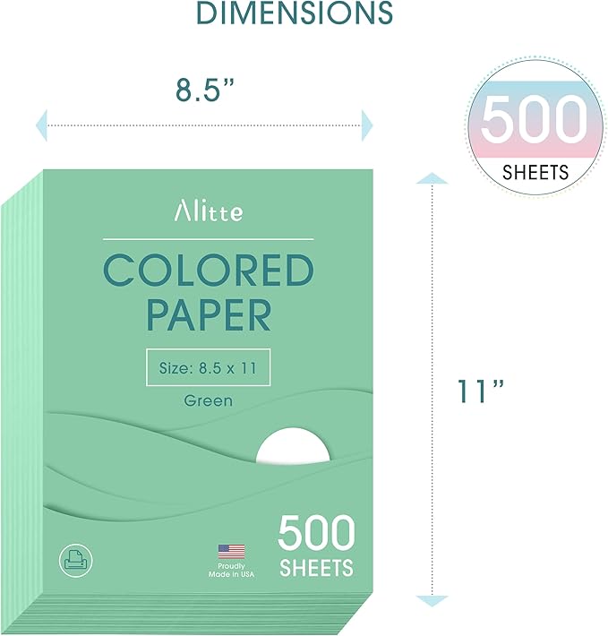 Alitte Colored Paper 500-Sheets - Green Paper, 8.5 x 11 Colored Printer Paper, Arts & Crafts, DIY Projects - School & Office Supplies - Pastel Copy Paper, 1 Ream, Made in the USA