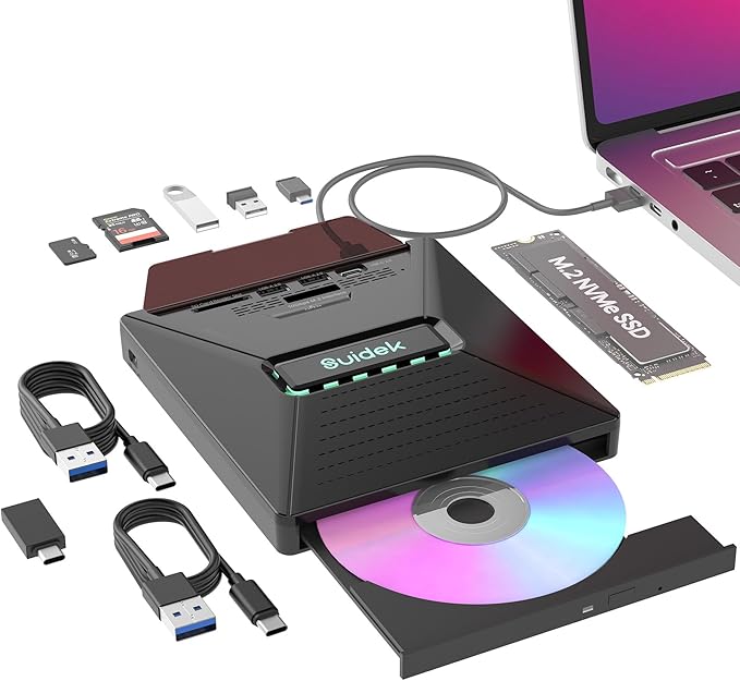 External CD DVD Drive for Laptop, 7 in 1 Portable CD DVD +/-RW Burner Reader with M.2 NVMe Interface,SD/Micro SD Card Slots and USB A Type C 2.0, Compatible with Laptop PC Mac Windows Linux
