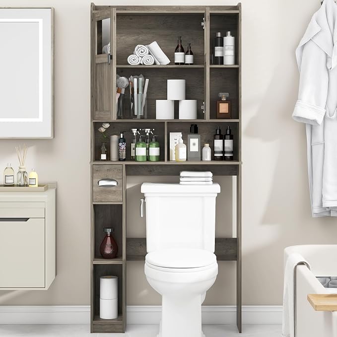 Vabches Over The Toilet Storage Cabinet, Bathroom Shelf Over Toilet with Glass Doors and Adjustable Shelves, Grey Freestanding Home Space Save Toilet Rack, for Restroom, Bathroom, Laundry