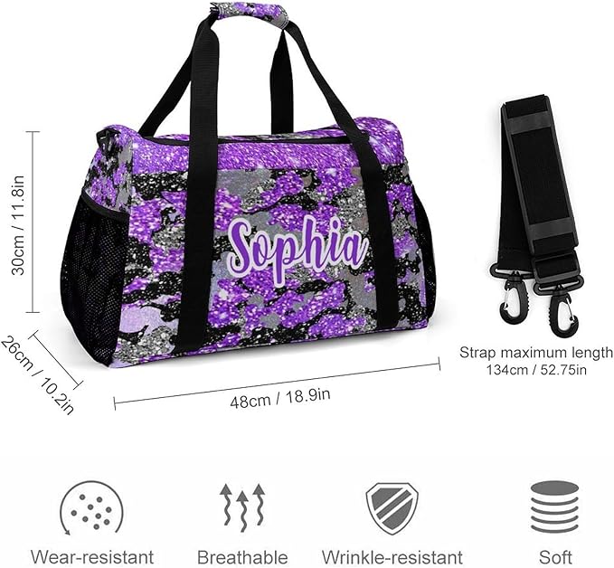 Purple Camo Bling Glitter Print Tote Bag, Customized Duffel Bags Weekender Overnight Bag Travel Bag Personalized Gift Gym Bags Luggage Bag