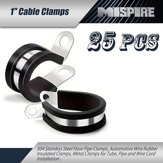 25 PCS 1 inch Cable Clamps, MISPIRE Stainless Steel Hose Pipe Clamps, Automotive Wire Rubber Insulated Clamps, Metal Clamps for Tube, Pipe and Wire Cord Installation