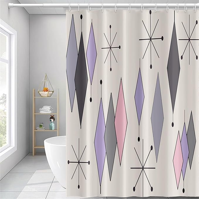 Boho Mid Century Shower Curtain Abstract Purple Grey Pink Diamond Geometric Atomic Starburst Pattern Beige for 1950s Retro Bathroom Decor Shower Curtain Set with 12 Hooks, 72x96 Inches