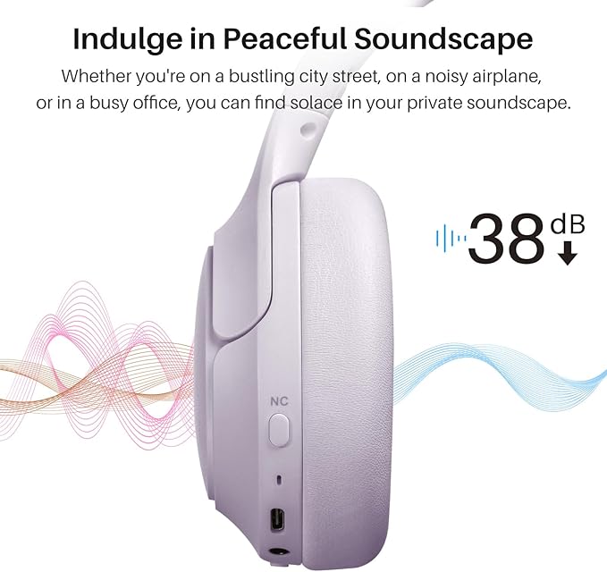 TOZO HT2 Hybrid Active Noise Cancelling Headphones, Wireless Over Ear Bluetooth Headset, 60H Playtime, Hi-Res Audio Custom EQ via App Deep Bass Comfort Fit Ear Cups, for Home Office Travel