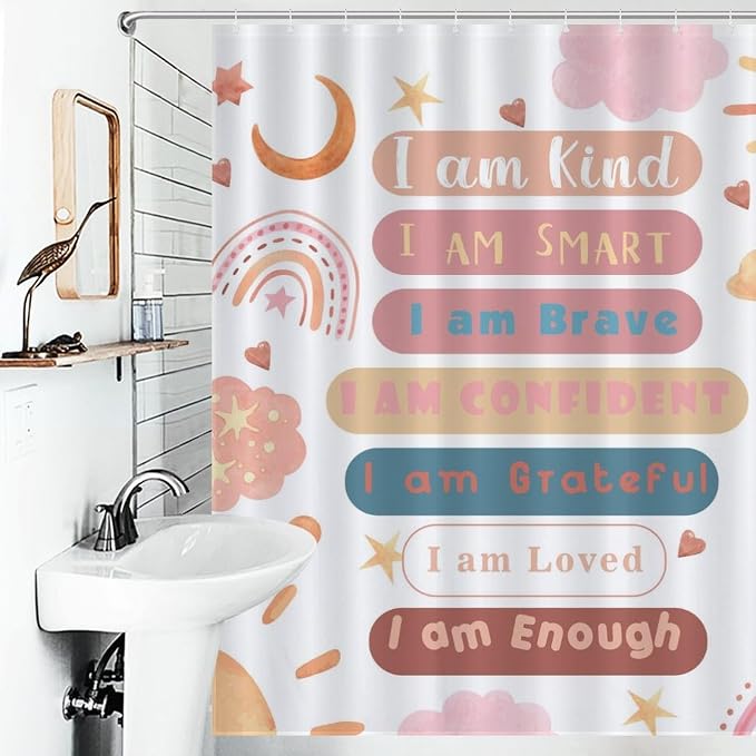 Rainbow Shower Curtain, Pink Boho Cute Inspirational Motivational Quotes Rainbow Colorful Pastel Waterproof Fabric Bathroom Shower Curtain for Baby Kids Girls Set with Hooks, 72"x72" Inch