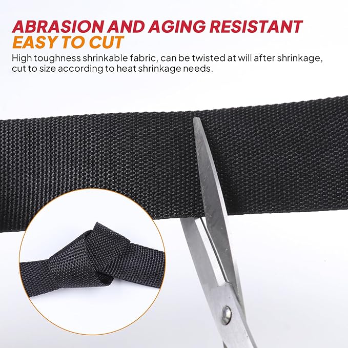 Black 2:1 Ratio Automotive Heat Shrink Braided Sleeving,Wear-Resistant Flat Woven Shrinkable Sleeve Fabric Car Cable Wires Hoses Protection (3/8"-50ft)