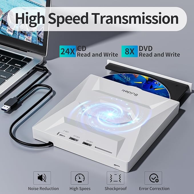 External CD DVD Drive, Ultra Slim Portable CD Player for Laptop CD DVD +/-RW Burner with SD Card Reader USB 3.0 Type C Hub Compatible with Laptop PC Windows Linux