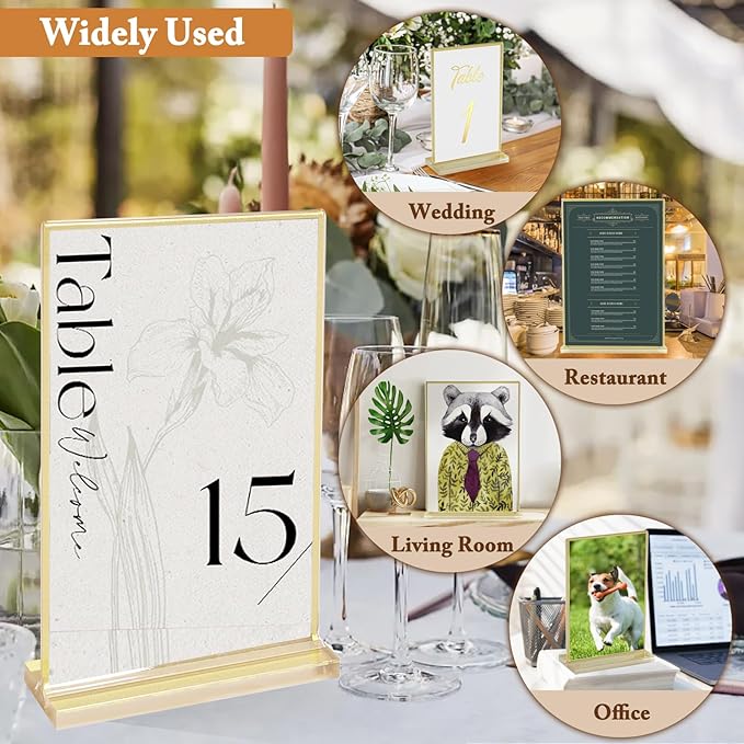 Floroom 6 Pack 4x6 Inch Clear Acrylic Sign Holders, Double-Sided Gold Display Stand Picture Frames for Table Numbers, Menus, Flyers, Weddings, and Offices