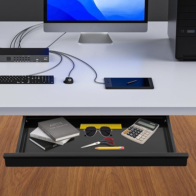 17.7" Under Desk Storage Drawer, Black Sliding Pull-Out Drawer for Sit Stand Workstation