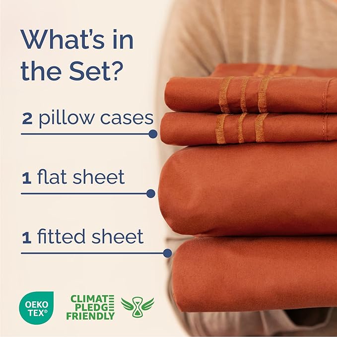 Queen Size 4 Piece Sheet Set - Comfy Breathable & Cooling Bed Sheets Set - Hotel Luxury Bedding for Women, Men, Kids, Teens, Boys & Girls - Deep Pockets, Soft and Wrinkle Free - Oeko-Tex - Terracotta