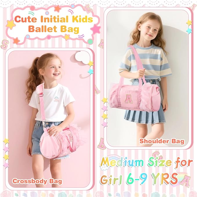 Personalized Initial Dance Bag for Girls 6-9, Medium Lace Gym Sport Yoga Cheer Dance Bags Gift for Teen Girls, Cute Letter Kids Ballet Bag Toddler Travel Duffel Tote with Adjustable Straps(Pink-A)