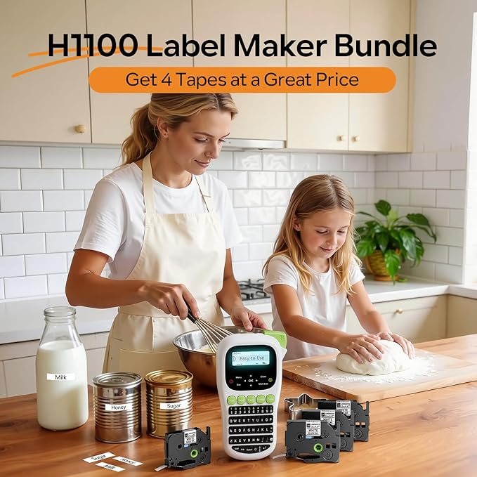 Label Maker Machine with Tapes, Label Maker Bundle 4-Label Tapes Included, Label Maker with Backlit Screen & Waterproof-Labels Laminated, H1100 Handheld Portable Labeler Machine for Home Office Gifts