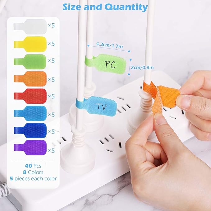 40 Pcs Cable Cord Labels, Hianjoo Self Adhesive Cable Tags Colorful Wire Identification Label Reusable Write-on Name Tags for Organizing Wires 8 Colors Multiple Uses