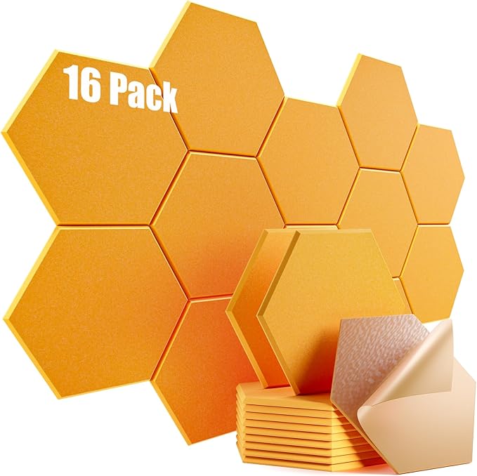 16 Pack Self-adhesive Acoustic Panels 12" X 10" X 0.4" -Sound Proof Foam Panels for wall with High Density, Hexagon Design, Flame Resistant, Absorb Noise and Eliminate Echoe(Orange Yellow)