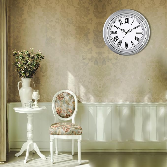 Plumeet Extra Large Retro Wall Clock, 16'' Non Ticking Classic Silent Vintage Wall Clocks Decorative Kitchen Living Room Bedroom, Roman Numerals, Battery Operated, Silver