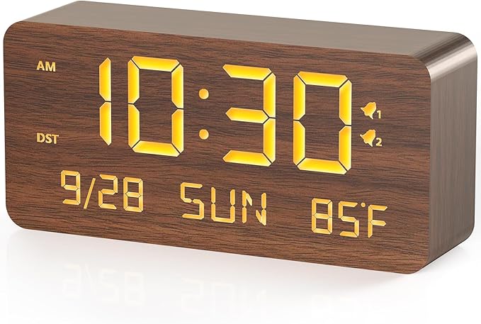 Fomobest Wooden Digital Alarm Clock for Bedroom - Desk Clock with Date, Day of Week, Temperature, Dual Alarms, Dimmer, USB Port Charge, DST, Adjustable Volume for Living Room/Office Wood Decor (Brown)