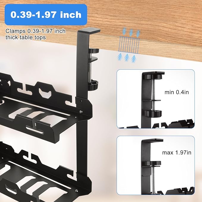 Cable Management Under Desk Tray 15.7-29 inch Under Desk Cable Management Black Extendable Under Desks Cable Managements No Drill Under Desks for Wire Managements