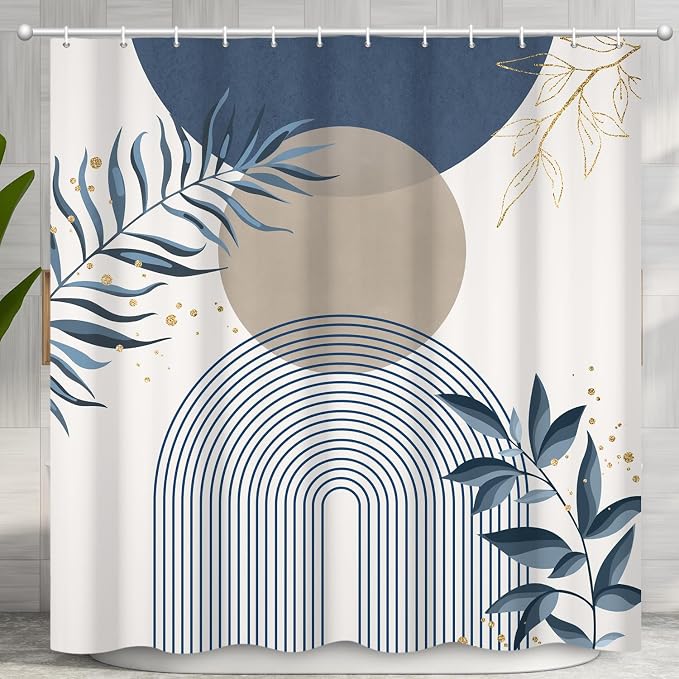 Boho Mid Century Shower Curtain, Navy Blue Modern Minimalist Abstract Geometric Gold Plant Leaves Sun Arch Bathroom Curtains Waterproof Fabric Buthtub Curtain Set with Hooks 60" Wx72 L