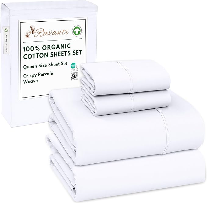 RUVANTI 100% Organic Cotton Sheets Queen Size, Percale Weave, GOTS Certified, 4-Piece Set, Deep Pocket 15", Crisp & Breathable, Soft Durable Bedding, Sábanas Algodón Orgánico – Bright White