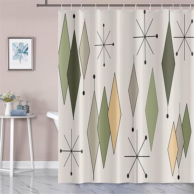 Boho Mid Century Shower Curtain Vintage Abstract Green Diamond Geometric Atomic Starburst Pattern for 1950s Retro Bathroom Decor Accessories Shower Curtain Set with 12 Hooks, 72x96 Inches