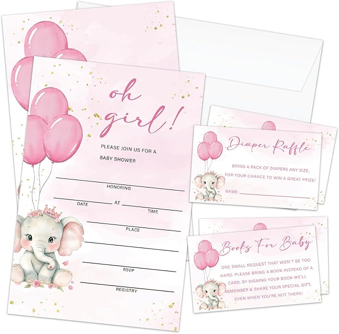 Pink Elephant Baby Shower Invitations for Girl, Girl Baby Shower Invites with Envelopes, Set of 25 Gender Reveal Invites Cards with Envelopes & Book Request Cards & Diaper Raffle Tickets -09