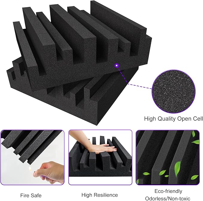 TroyStudio Thick Acoustic Foam Panels, 12 X 12 X 4 Inch 12 Pcs Broadband Sound Absorbing Foam, Dense Soundproof Padding Tile, Recording Studio Foam Absorber, Groove Decorative 3D Wall Ceiling Panel