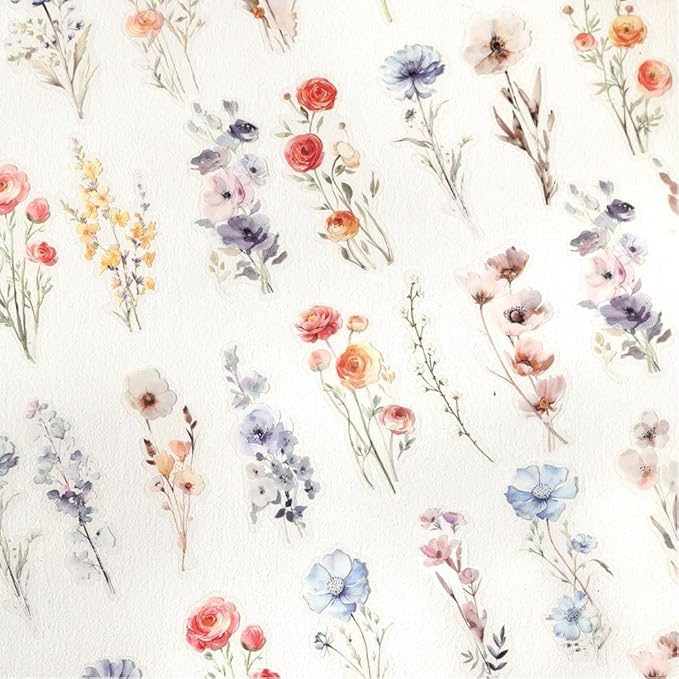 120 Pieces Vintage Transparent PET Floral Stickers for Journaling, 4 Styles Watercolor Flower Set, Decorative Sticker for Scrapbooking, Junk Journal Supplies, Collage