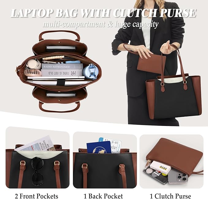 RAINSMORE Laptop Bag for Women 15.6 Inch Work Tote Bags Waterproof Computer Bags Leather Professional Laptop Purse Womens Laptop Briefcase Large Handbag for Office Teacher Travel, Black Brown White