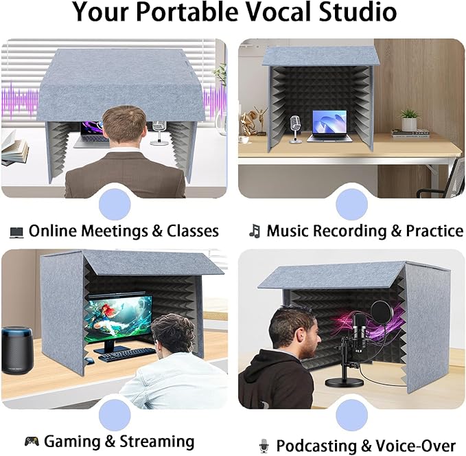 Bacocoo Portable Recording Studio,Foldable Desktop Soundproof Cover with Noise Reduction,Quick Assembly Lightweight Design for Home Broadcast,Voice Isolation,Streaming,Video Conference. (Gray)