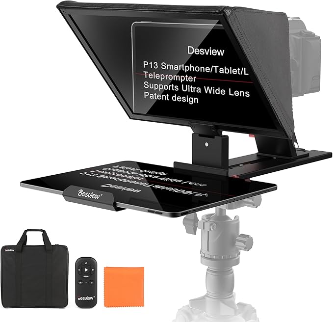 Desview P13 Teleprompter 13 Inch Aluminum Alloy with High Definition Glass, Compatible with iPad Tablet Phone DSLR, Portable No-Assembly Design for Video Recording