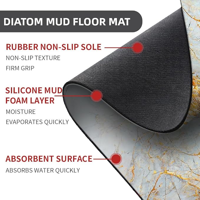 Diatomaceous Earth Bath Mat,Blue, White and Gold Marble Non-Slip Volume Super Absorbent Fast Drying for Bathroom Kitchen Door mat,Eco-Friendly Easy to Clean 16×24Inch (40 * 60cm)