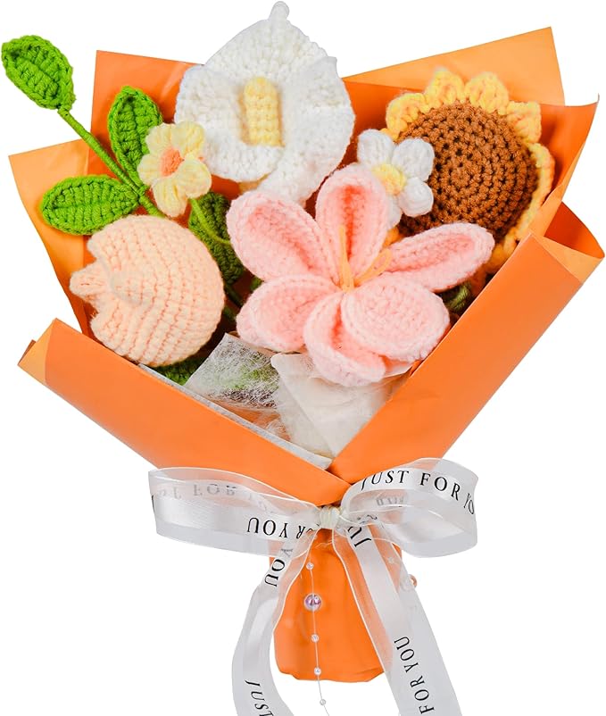 Crochet Flower Bouquet, Orange Tulip Handmade Crochet Flowers Knitted Bouquet for Birthday, Wedding, Anniversary, Graduation Gift for Her, Girlfriend, Wife, Womeng (Orange)